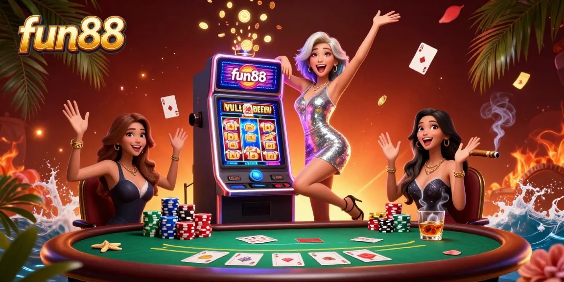 Experience fun88 at its best with a gorgeous Asian woman celebrating a jackpot in a vibrant casino scene.