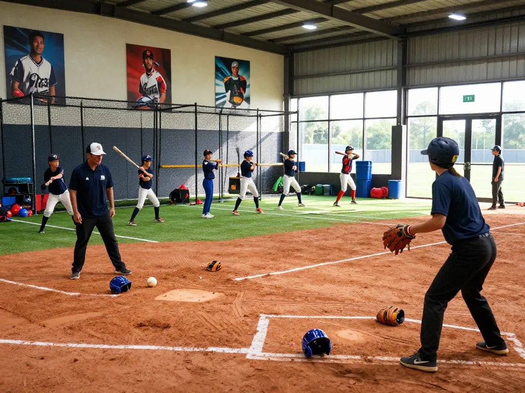 hitclub baseball training environment with young athletes practicing and coaches guiding