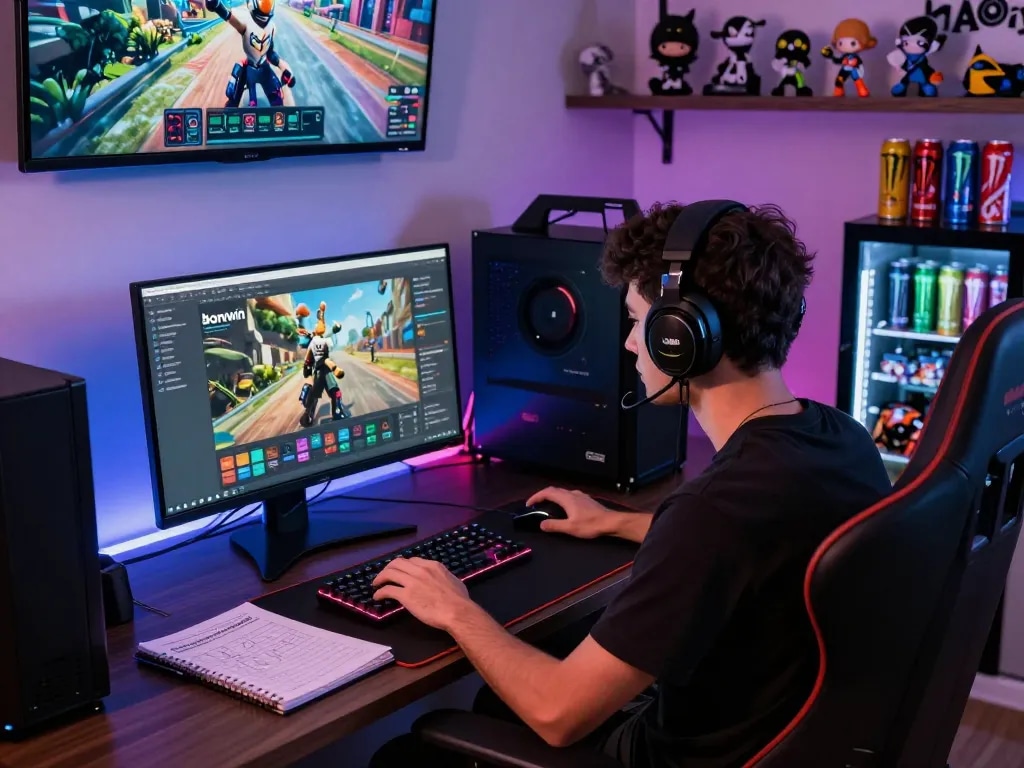Bomwin gaming platform interface displayed on a high-resolution monitor in a vibrant gaming setup.