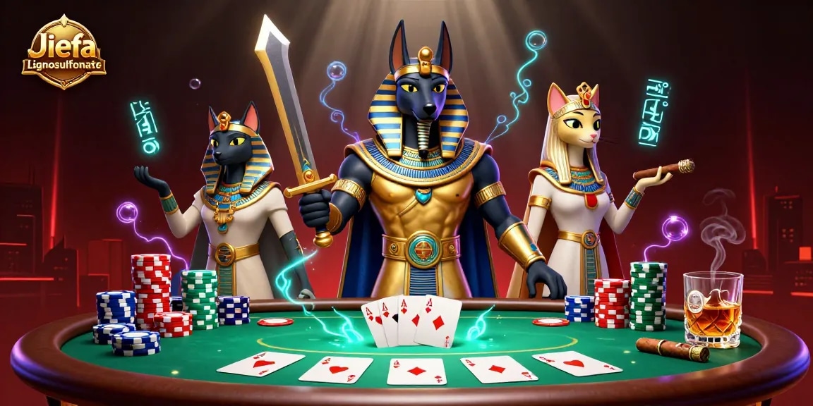 Engage with Jiefa Lignosulfonate’s vibrant gambling scene featuring poker elements and ancient Egyptian warriors.