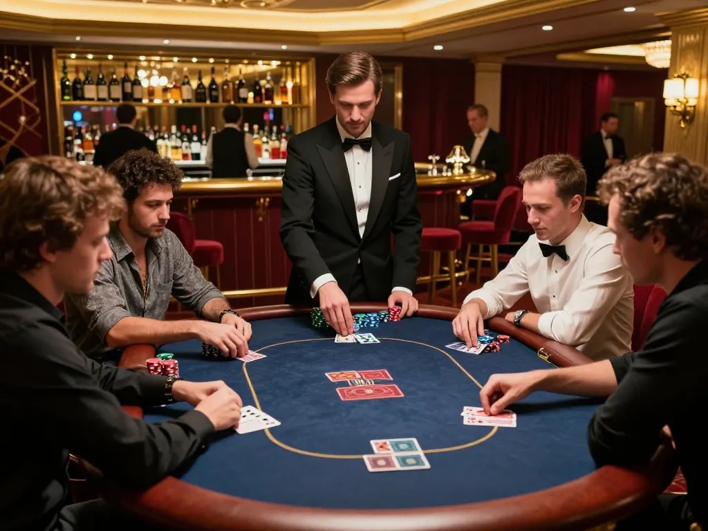 Players engaging in a strategic poker game at nhà cái 58win's luxurious VIP venue, showcasing high-stakes action