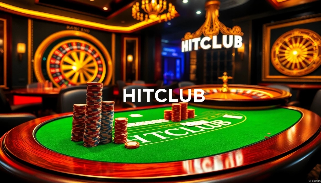 Engage with the high-stakes action at HITCLUB featuring a luxurious poker table and vibrant roulette wheel.