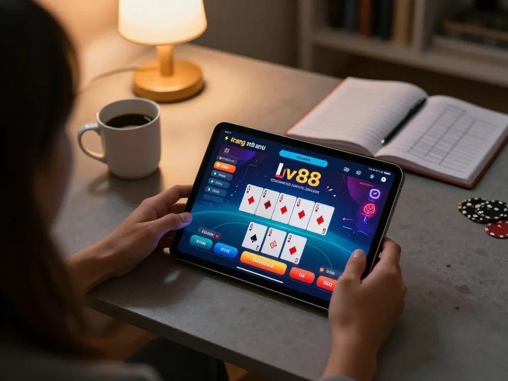 Engaged player on trang chủ lv88 tablet during online casino gaming at home, showcasing poker interface.
