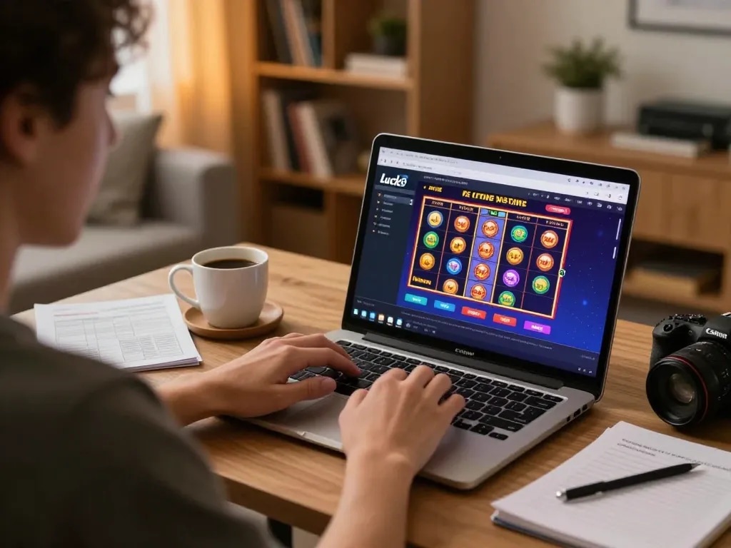Experience slots gameplay on Luck8 with a cozy home setup emphasizing responsible gaming.