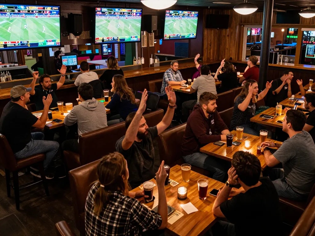 Bongdallu bettors analyzing live sports odds in an engaging sports bar atmosphere