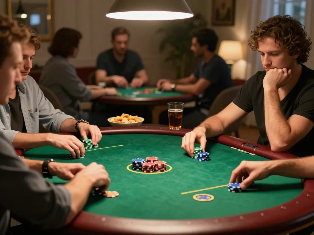 Players engage in a thoughtful poker game with sc88 strategies being discussed around the table