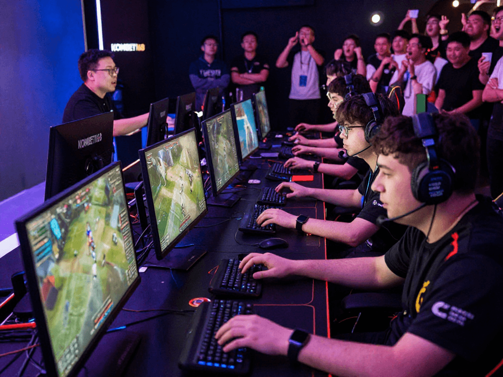 Dynamic esports event featuring KOMBET168 prominently displayed, showcasing intense gaming competition.