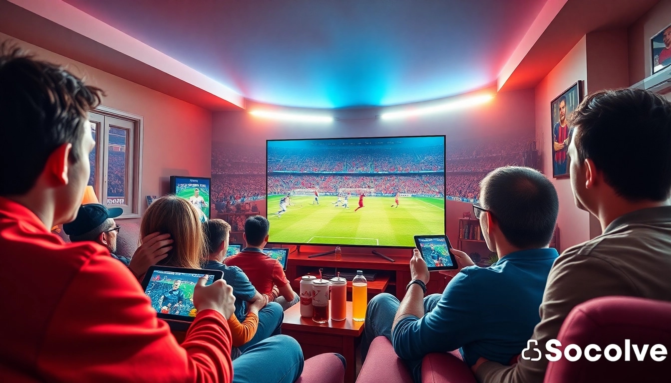 Socolive streaming experience, showcasing fans enjoying football matches at home with digital devices and vibrant atmosphere.