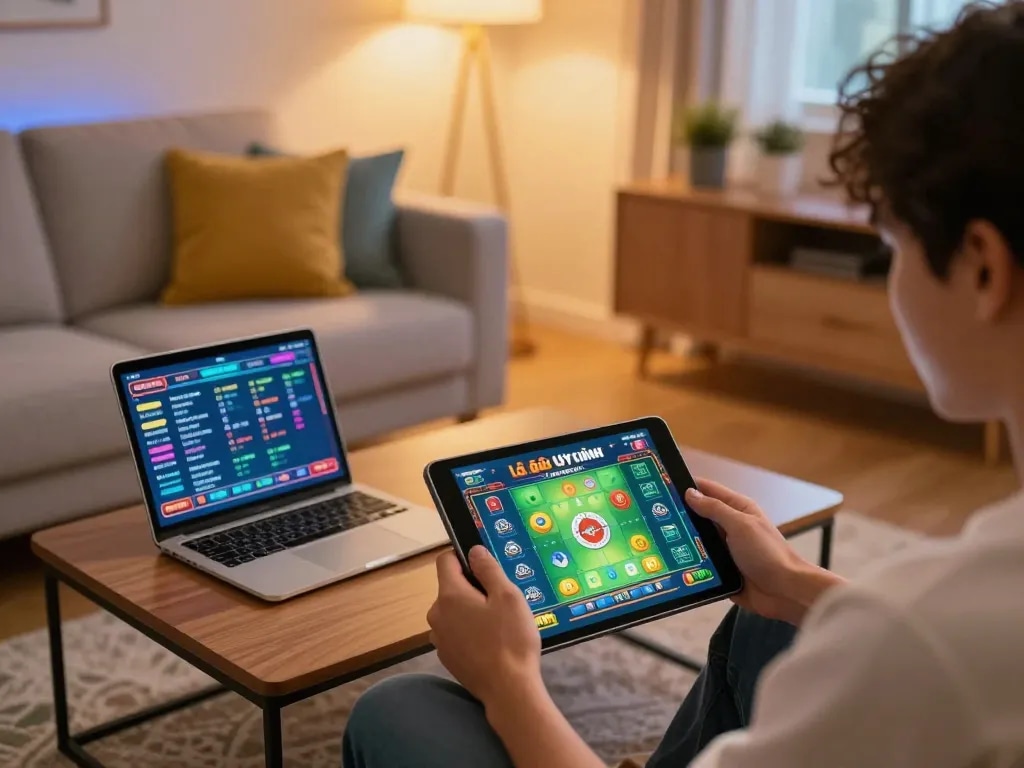 Lô Đề Uy Tín online gaming setup with a player engaged on tablet, cozy home atmosphere.