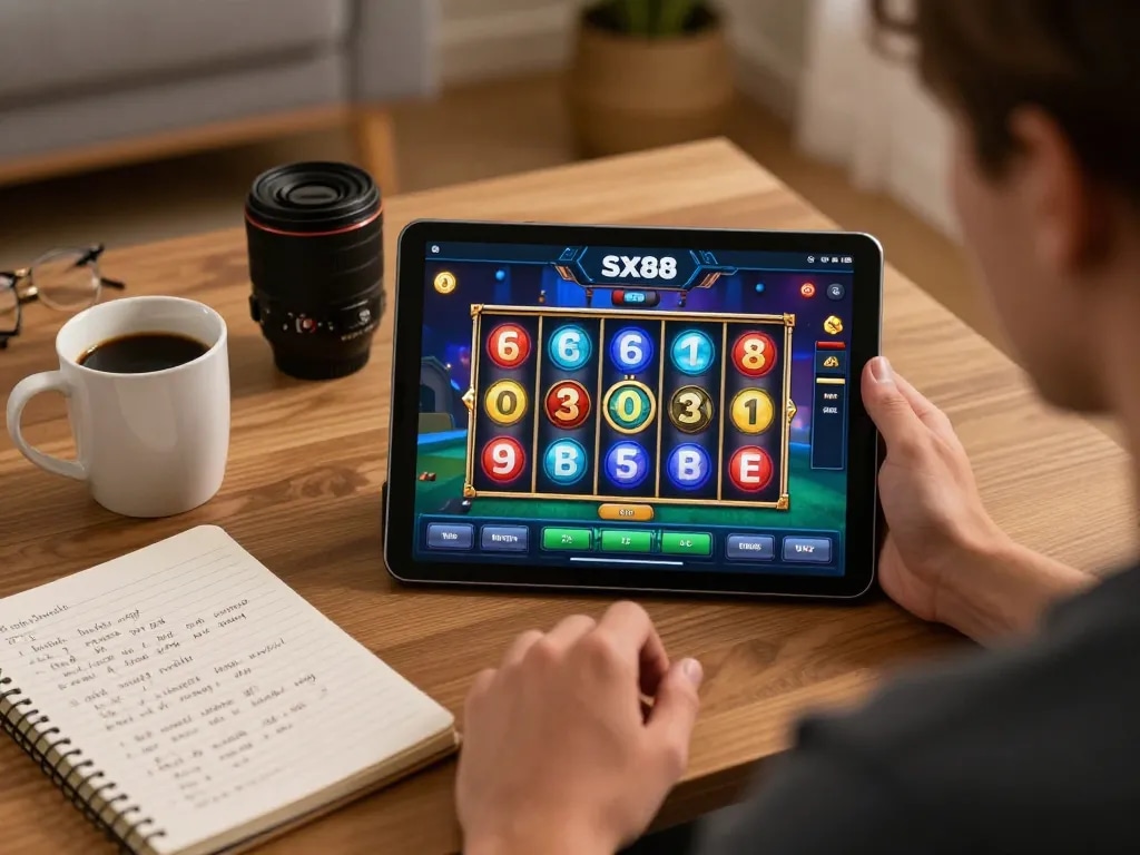 SX88 app user enjoying an exciting online slot game at home with betting strategies nearby.