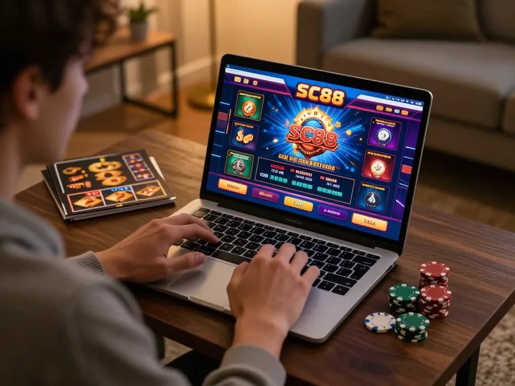 Engaged online player exploring games at https://sc88.casino/ on a laptop, showcasing immersive casino experience.