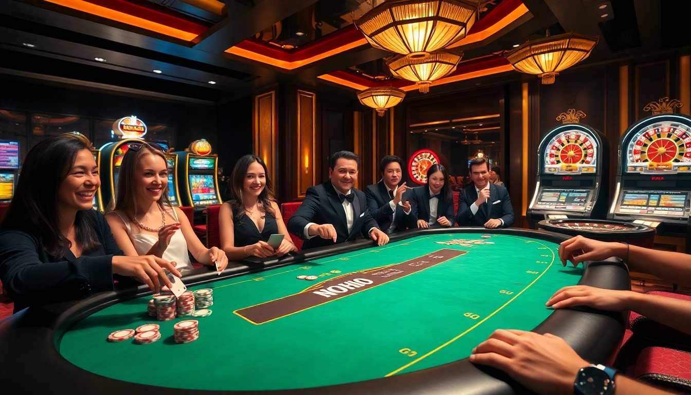 Nohu90 casino players engaging at a luxurious gaming table, enhancing their experience with thrilling slot machines.