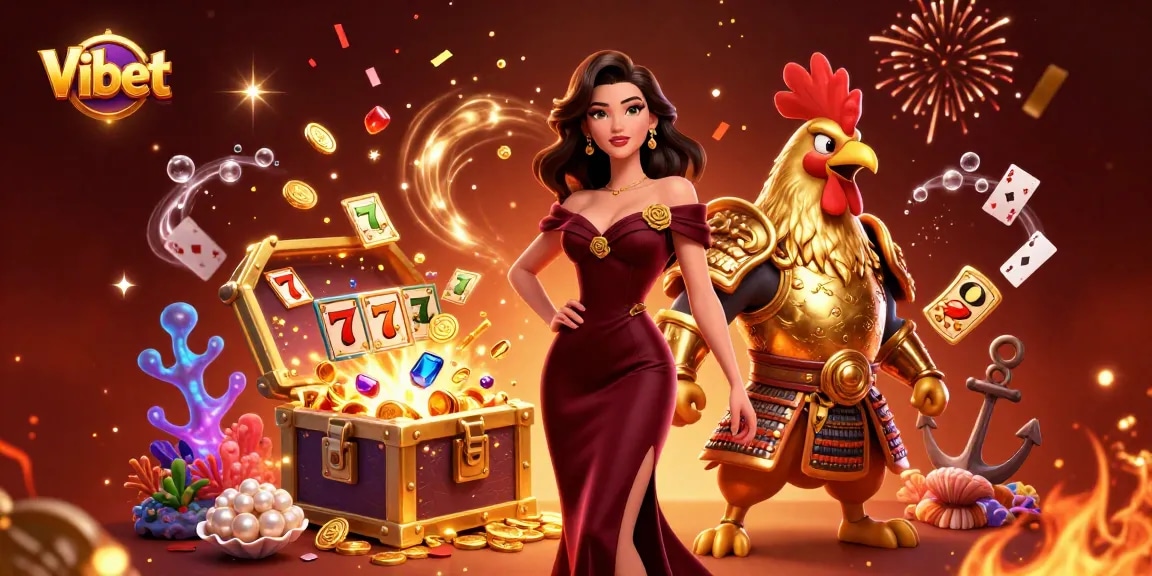 Enhance your gaming experience with Vibet's exciting slot games in a vibrant 3D illustration.