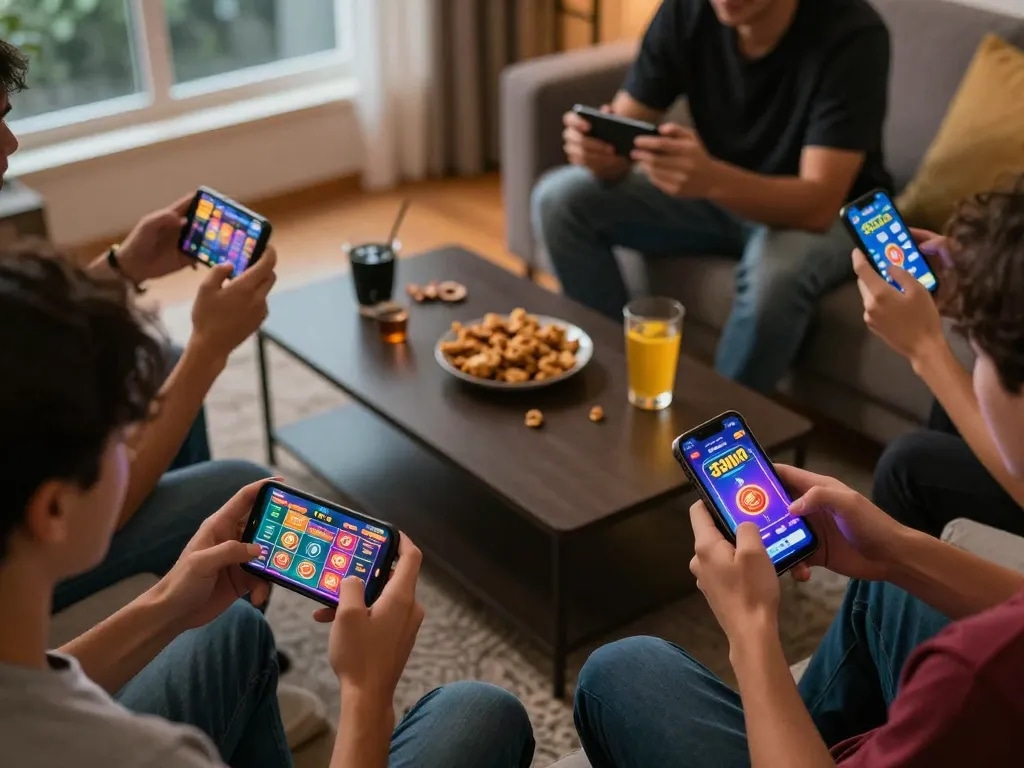 Players enjoying casino games on the 33win mobile app in a cozy home atmosphere, highlighting social gaming.
