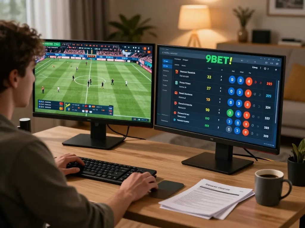 Experience exciting sports betting with 9BET's live interface displayed on dual monitors in a cozy home setup.