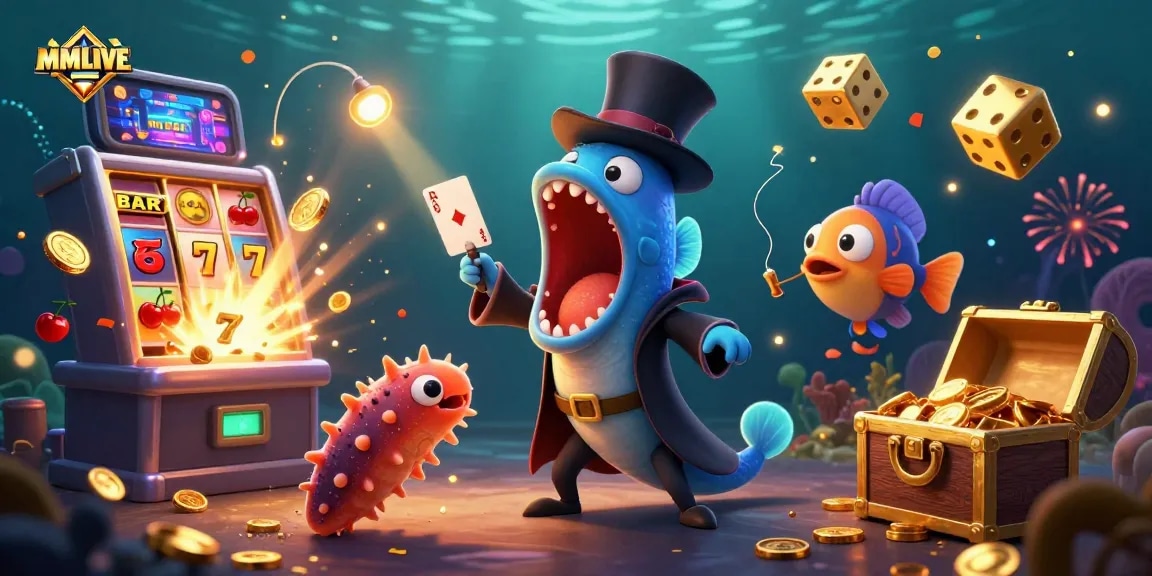 MMLIVE showcases a vibrant casino scene with a deep-sea gulper eel magician and anglerfish spotlighting thrilling gameplay.