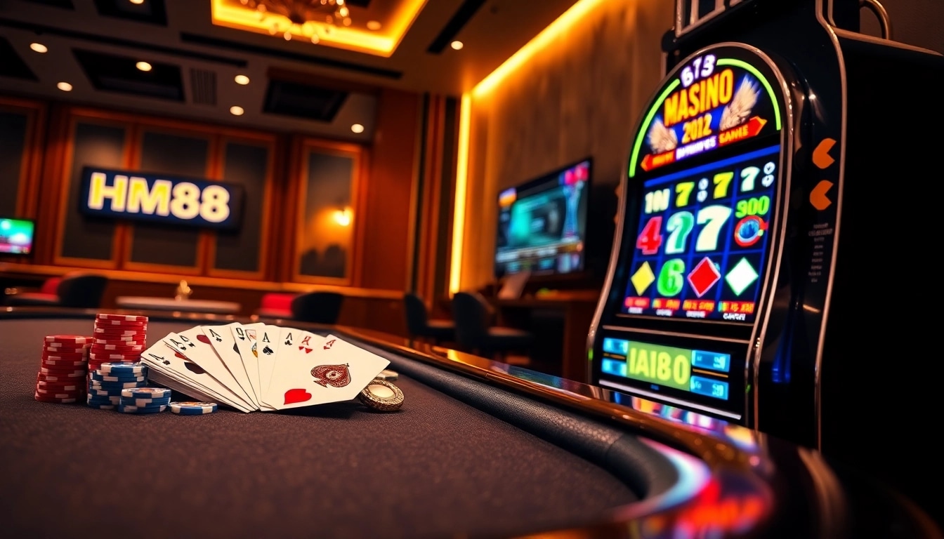 HM88 platform showcasing professional poker betting chips and live sports odds in an exciting casino setting