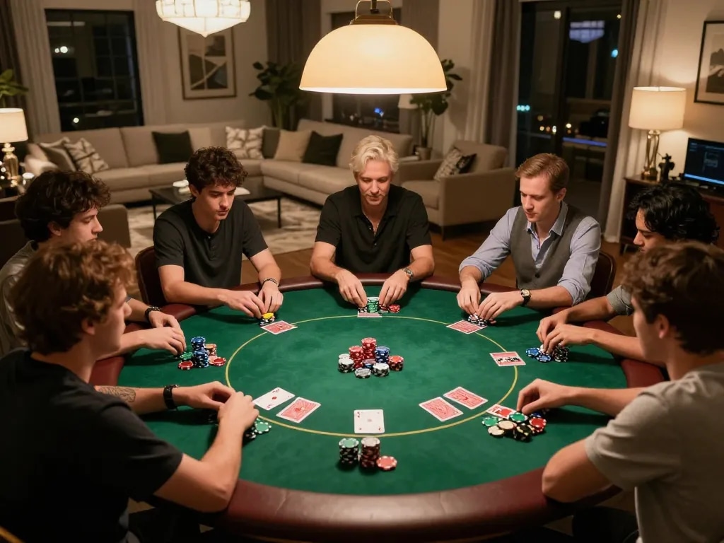 Players at a home poker game engaged in action, showcasing the fly88mx experience of social gambling.