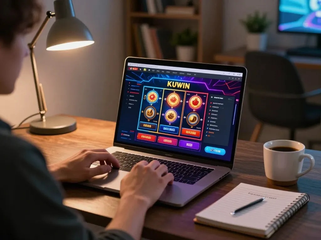 Kuwin player enjoying a vibrant online casino game on a laptop at home, showcasing interactive slots.