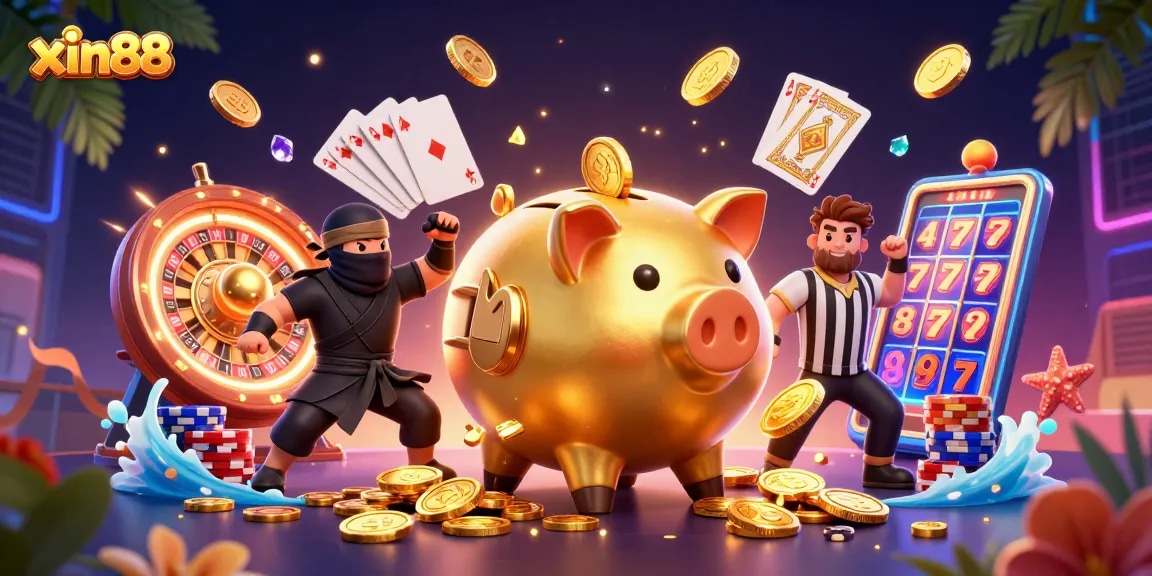Experience thrilling gameplay with xin88's vibrant 3D casino illustration featuring dynamic characters and elements.
