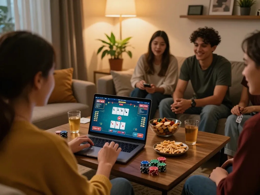 Friends enjoying online poker at home on EE88, showcasing a vibrant game interface and cozy atmosphere.