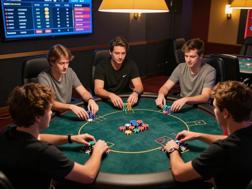 Engaged players placing bets at 8KBET's online poker table, showcasing strategic gameplay.