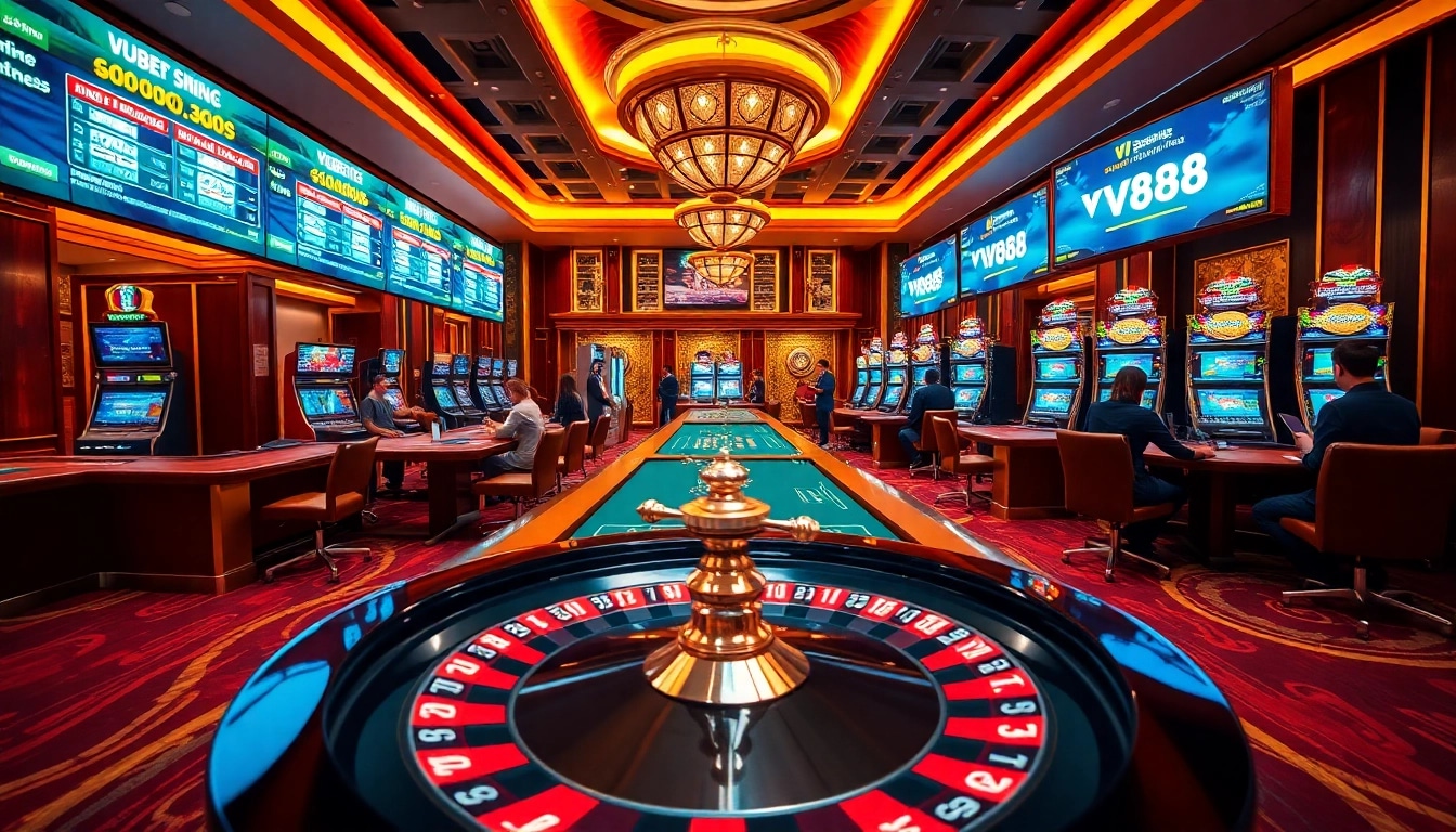 Experience the excitement of VU88 with players enjoying casino games in a luxurious setting.