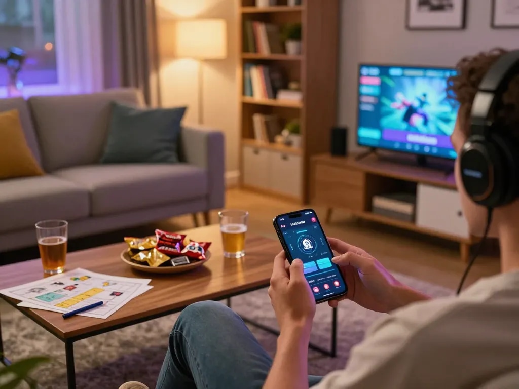 Engaging with the Luckywin gaming app on a smartphone in a cozy home setting, showcasing responsible gaming practices