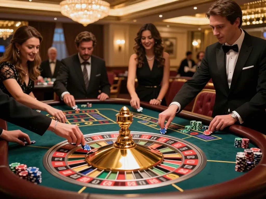 8day players engage in intense roulette excitement with vibrant chips and a bustling casino atmosphere.