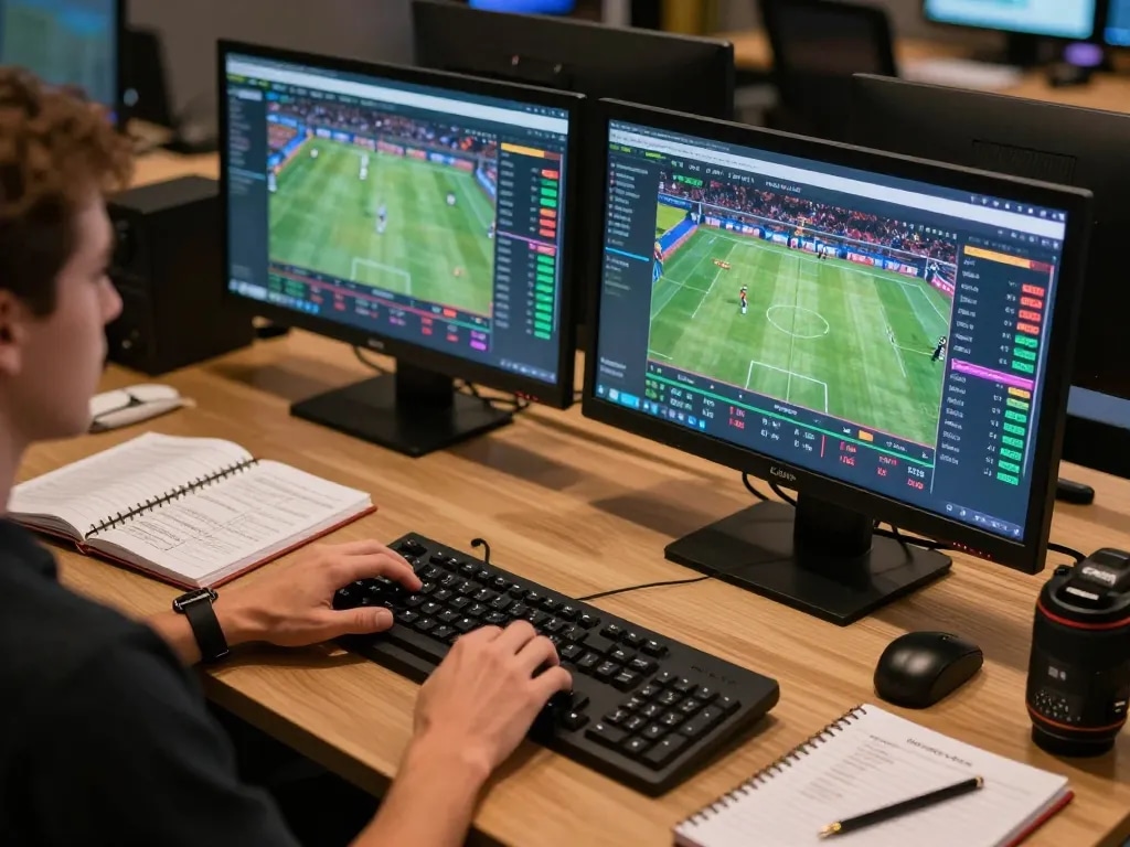 Engaging in online sports betting on KUWIN with a modern setup showcasing live games and strategy.