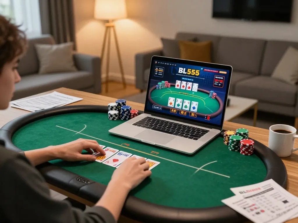 BL555 player engaging in online poker from home with strategic notes nearby