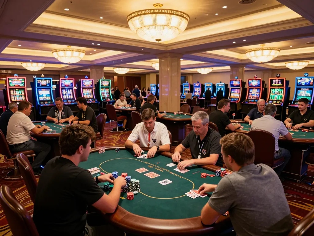 Exciting gameplay at a luxurious casino showcasing 78win01 poker tables with active players and vibrant atmosphere.