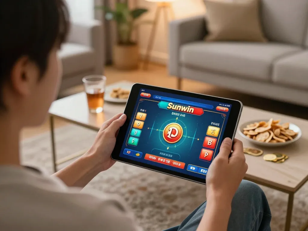Tài Xỉu Sunwin gameplay from a tablet screen, showcasing an active gaming session in a cozy home environment.