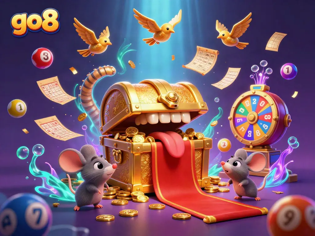 Engage with go8's vibrant gaming adventure featuring a treasure chest and colorful elements in a captivating scene.