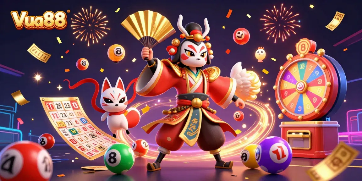 Experience the excitement of Vua88 with vibrant lottery games and festive elements in this detailed illustration.