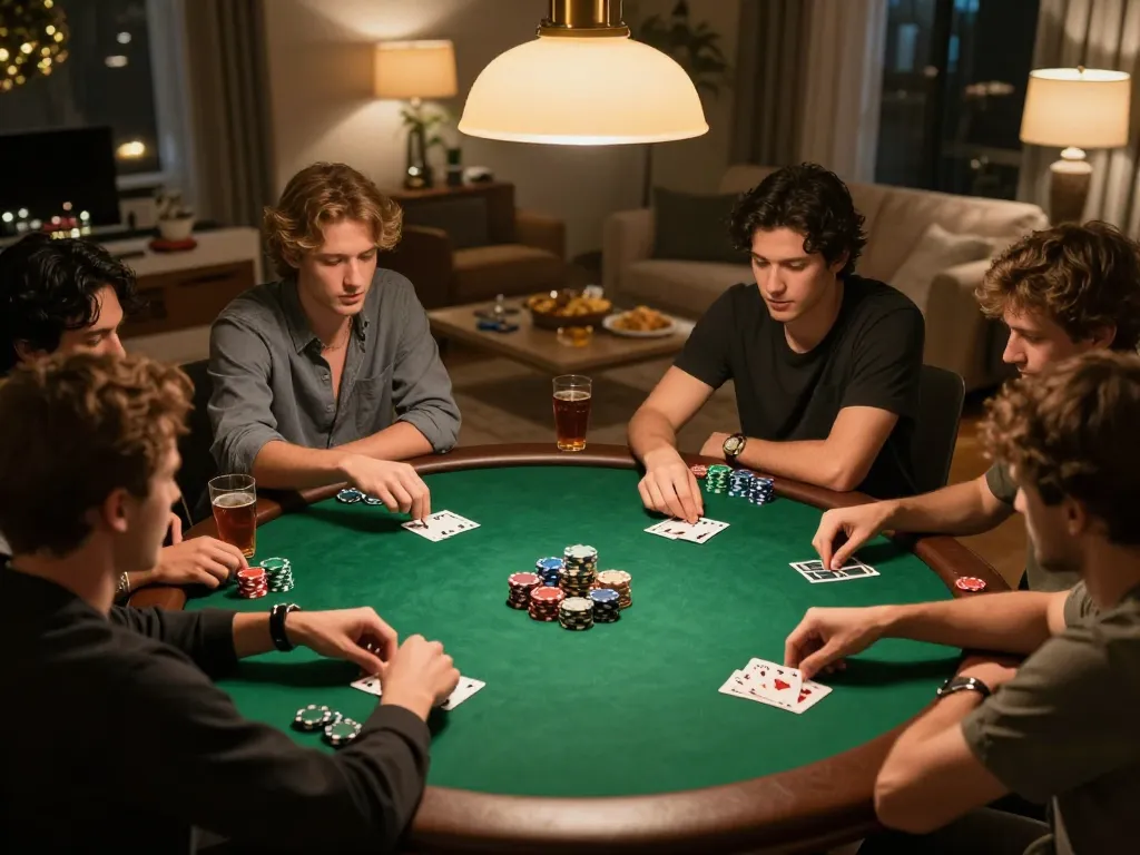 Friends enjoying an exciting poker night at home, showcasing the social side of gambling with 888top.