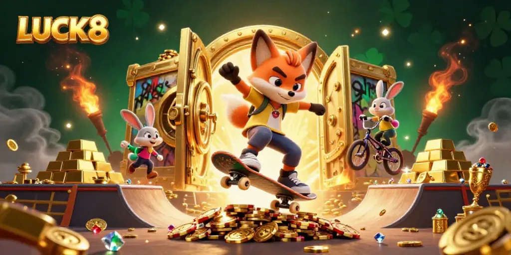 Experience thrilling moments at LUCK8 with a dynamic scene of a skateboarder fox, BMX rabbit, and casino treasures.