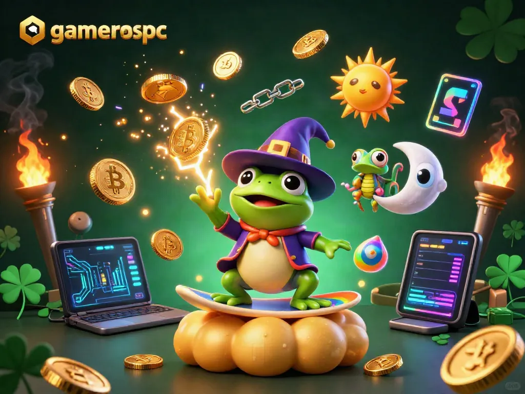 Gamerospc evokes excitement with a magical storm of coins and vibrant 3D characters in a dynamic casino scene.