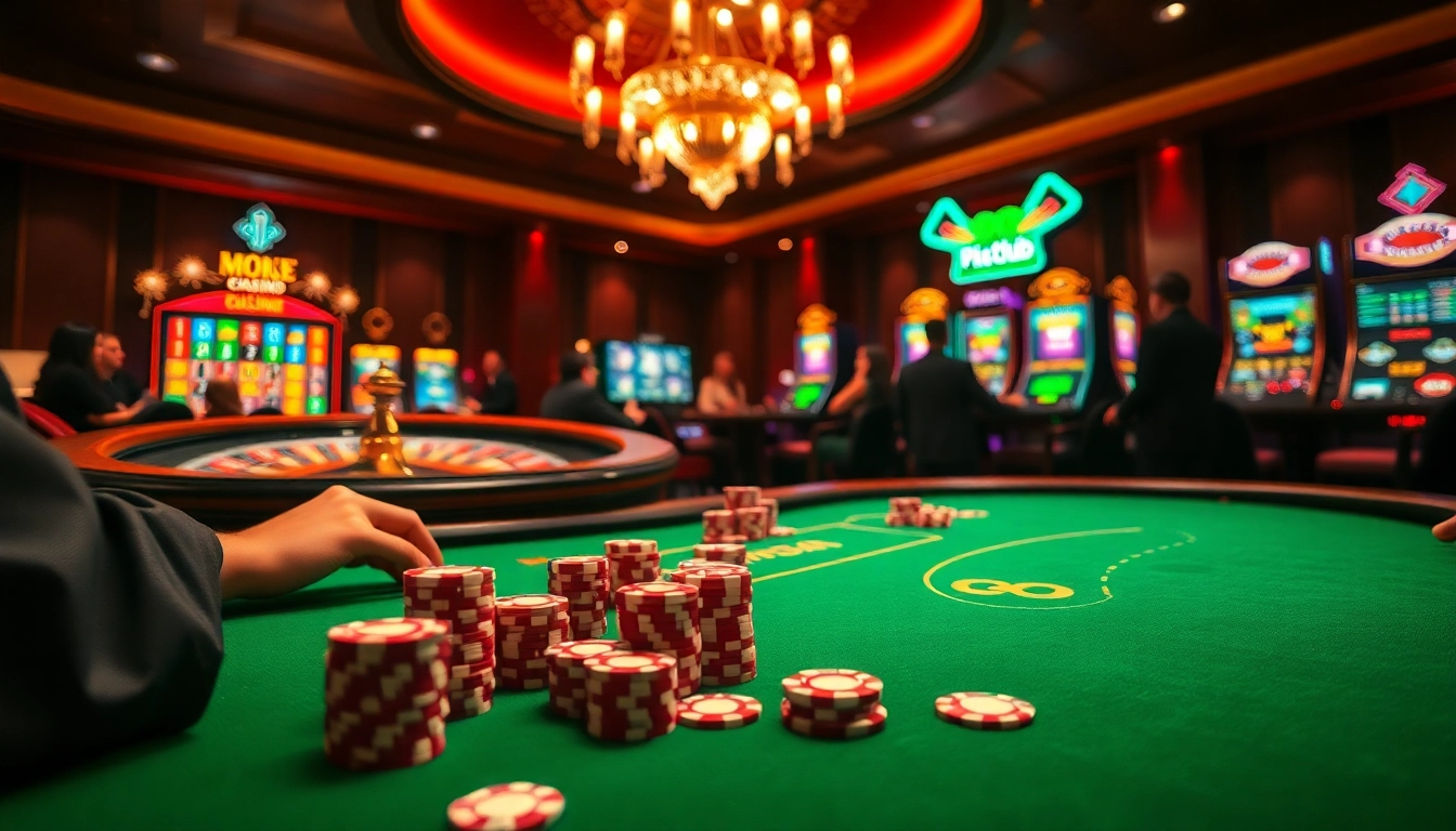 Engaging scene of players enjoying Hitclub đổi thưởng at a luxurious poker table in a vibrant casino.