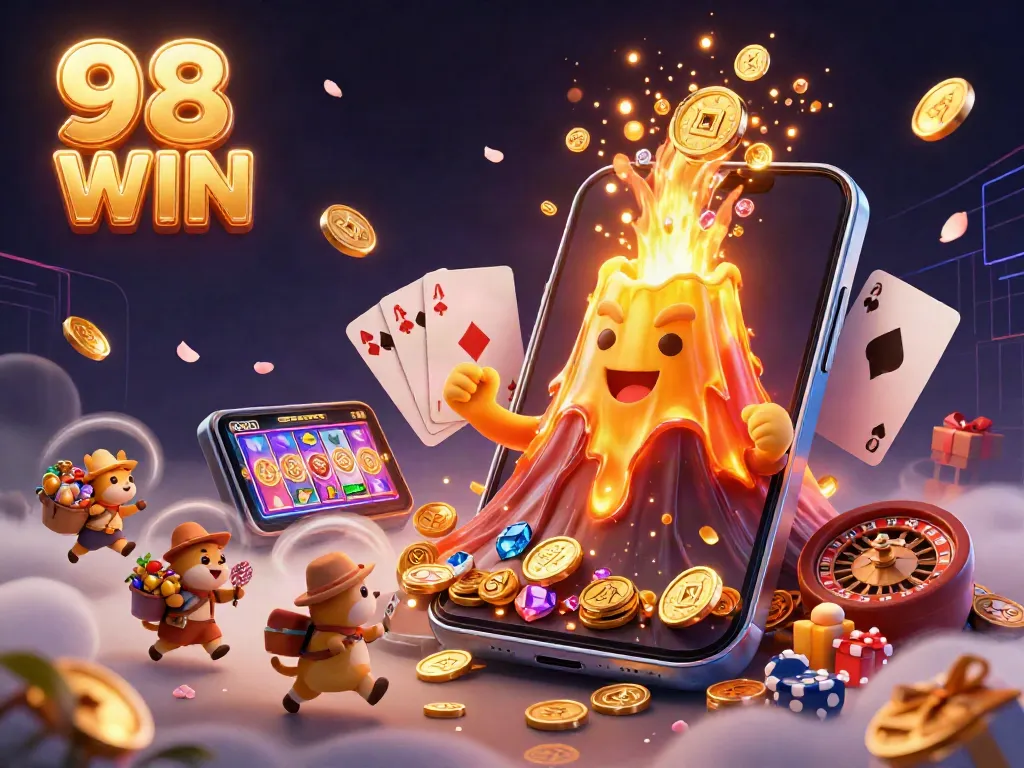 Experience the excitement of 98 WIN with a golden volcano and treasure-hunting animals in a rich casino illustration.