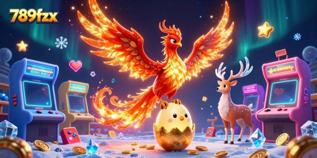 Engage with 789fzx as a phoenix soars over vibrant casino elements in a thrilling gaming experience.
