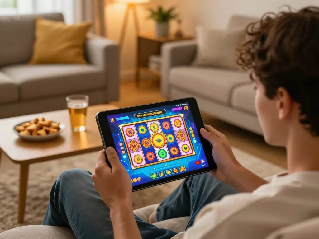 Player enjoying MM88 slot games on tablet in cozy living area