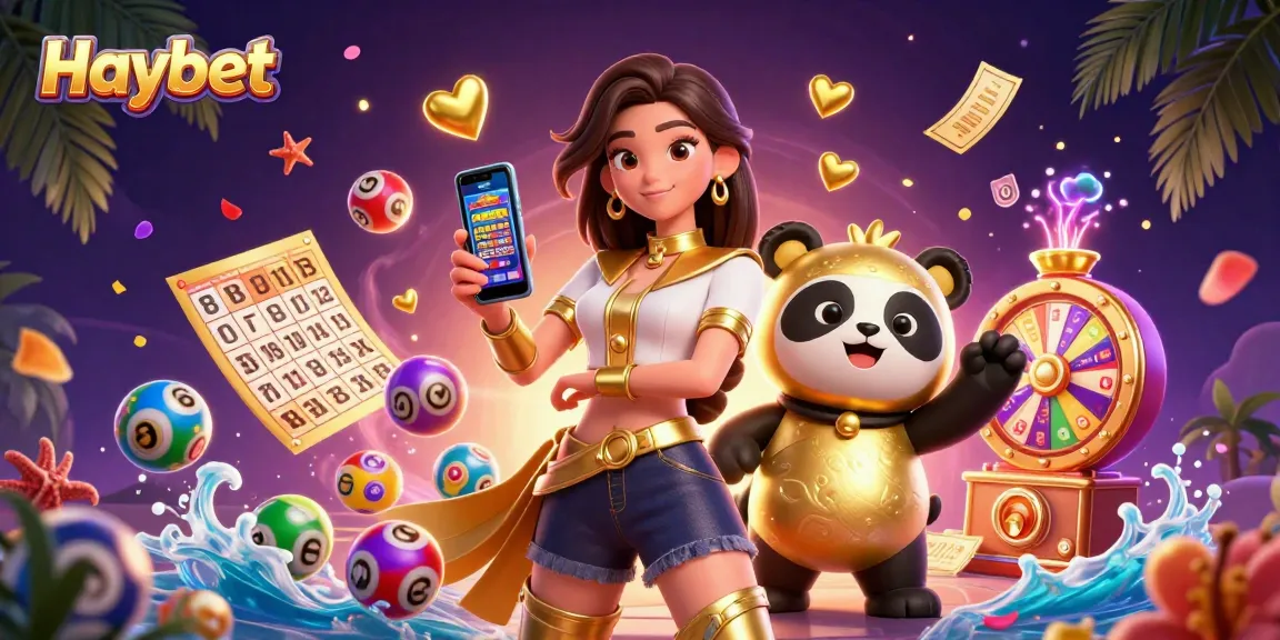 Engage in thrilling Haybet casino excitement with an elegant woman and golden panda mascot.