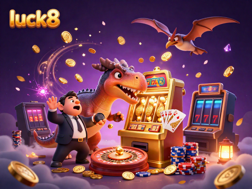 Experience luck8 as a pachycephalosaurus wins at a golden slot machine, surrounded by vibrant casino elements.