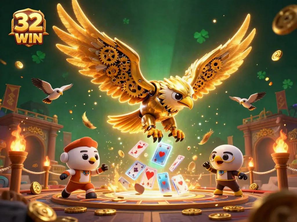Experience thrilling gaming at 32 WIN with a vibrant scene featuring a golden eagle, holographic cards, and dynamic betting elements.