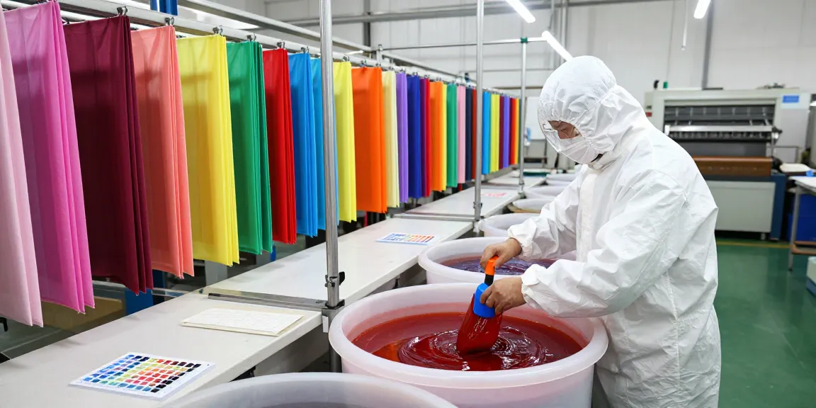 Technician using Jiefa Lignosulfonate in a vibrant textile dyeing workshop, surrounded by vibrant dyes and fabrics.