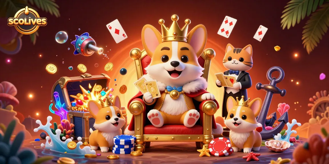 Socolives showcases a royal corgi casino theme, featuring poker elements and vibrant underwater treasures.