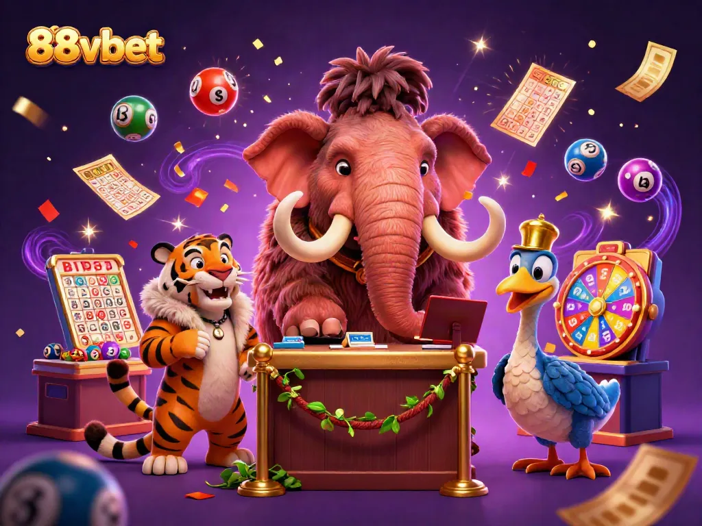 Experience excitement at 88vbet with a vibrant scene of a mammoth bouncer and lottery elements.