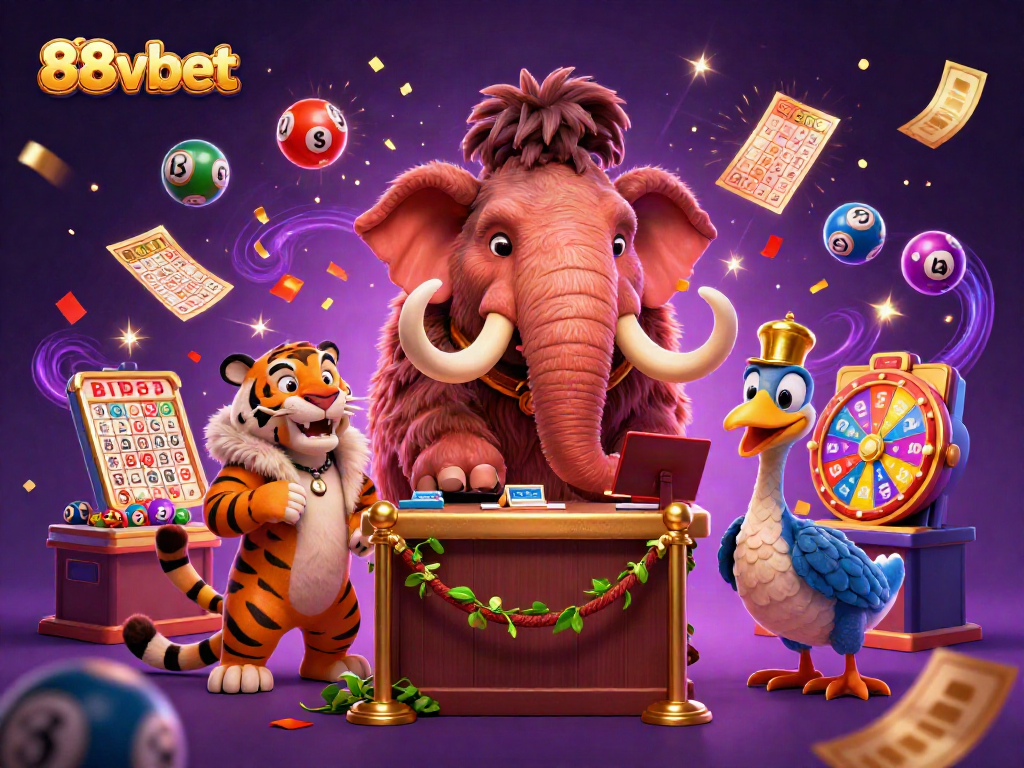 Experience excitement at 88vbet with a vibrant scene of a mammoth bouncer and lottery elements.