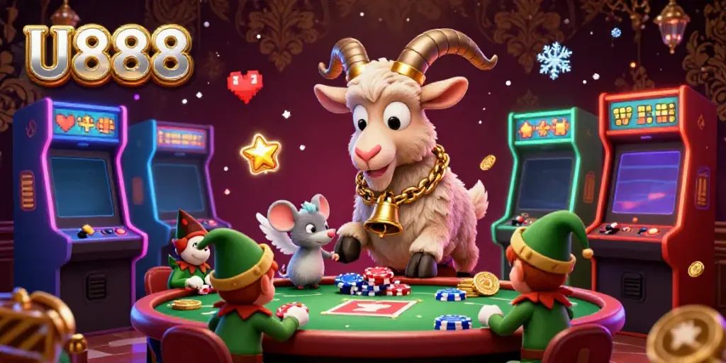 Experience the festive excitement of U888 with a Krampus goat running a holiday-horror casino scene.